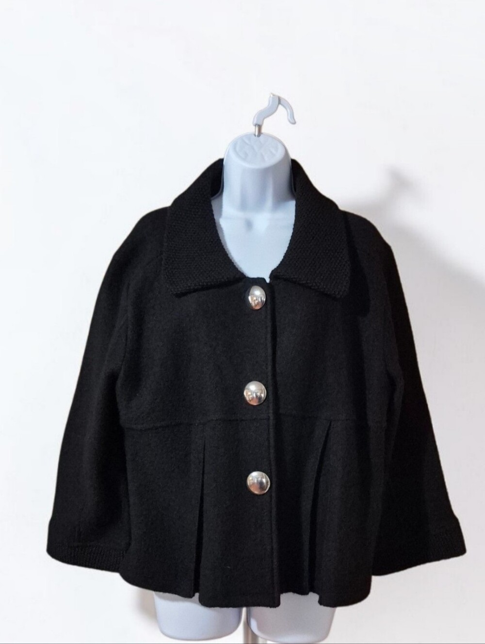 Tally-Ho Black Button-Front Architectural Swing Style Crop Jacket 100% Wool EUC